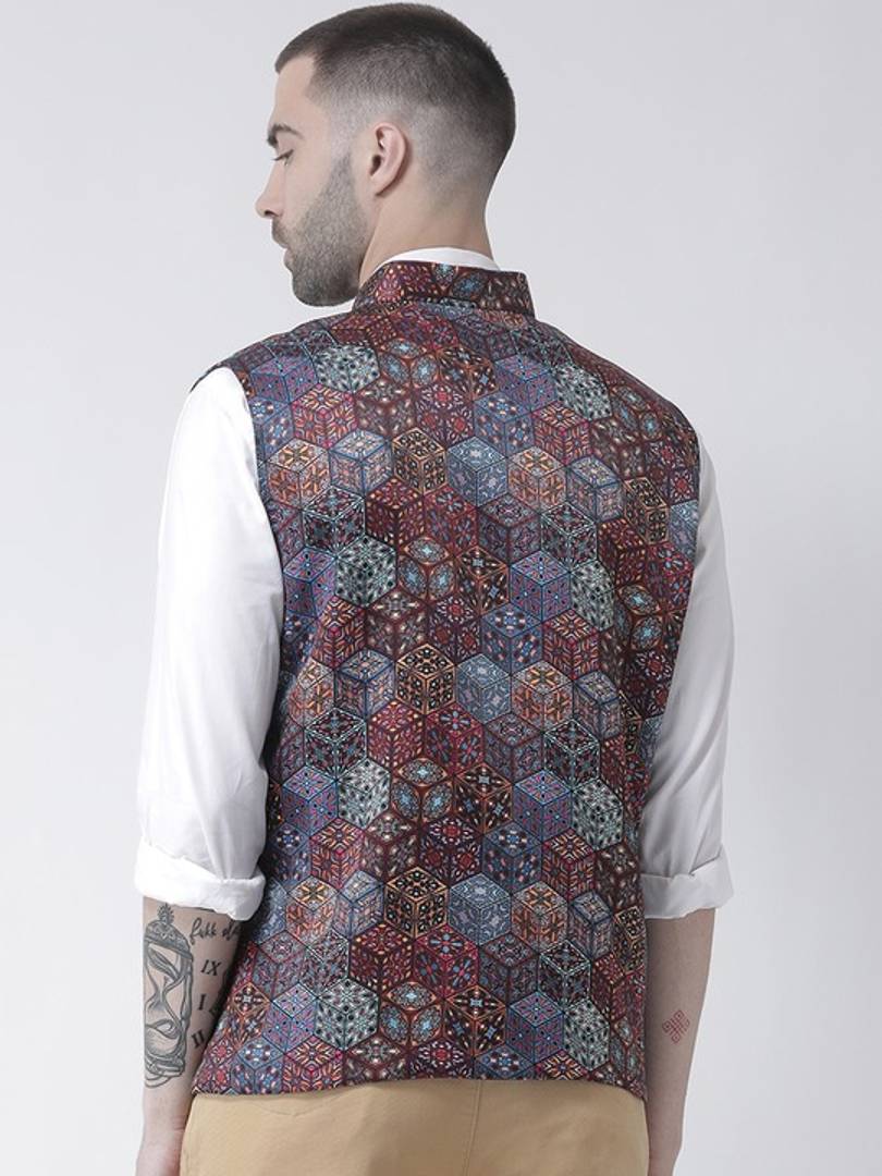 Men's Multicoloured 
Polyester
 Printed Nehru Jackets